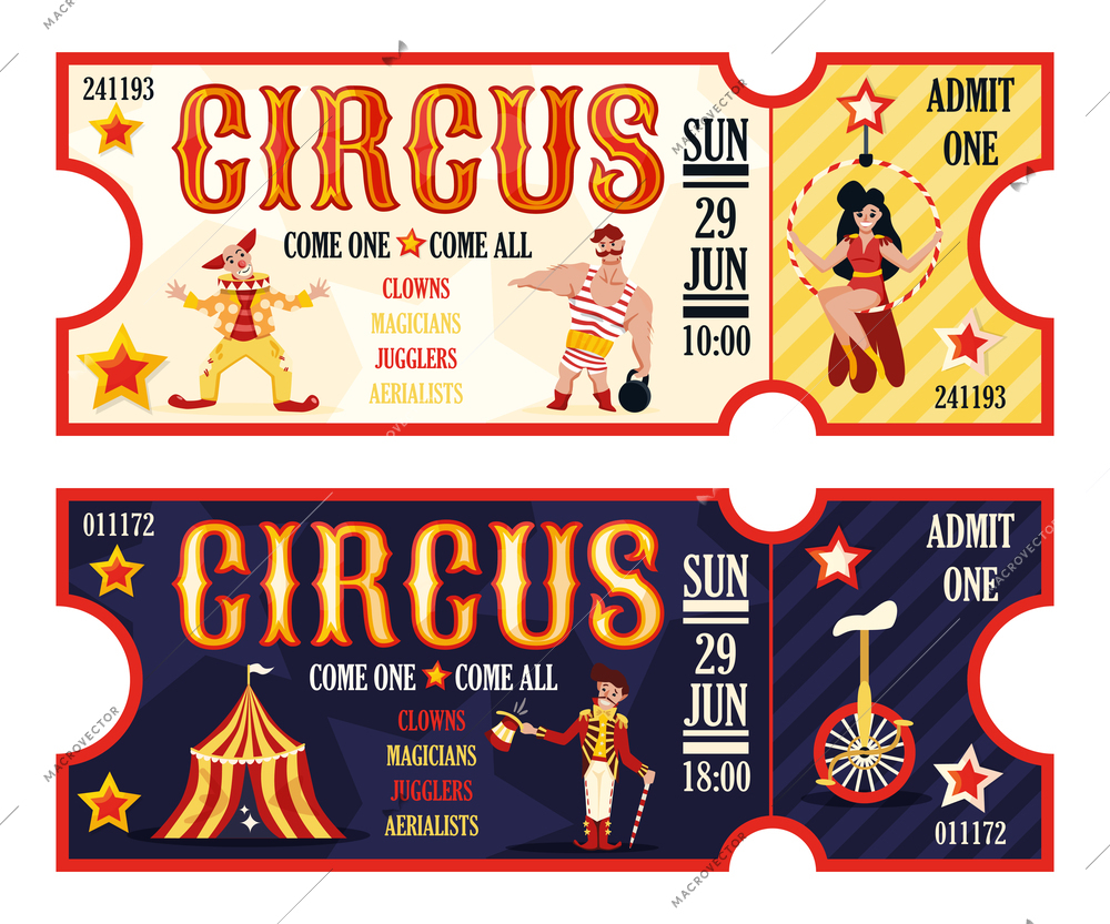 Circus retro tickets set for morning and evening performance 2 horizontal banners with clown realistic vector illustration