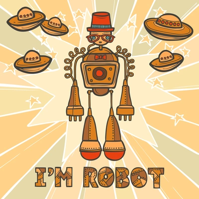 Orange trendy robot hipster retro humanoid with mustaches and space background design poster vector illustration