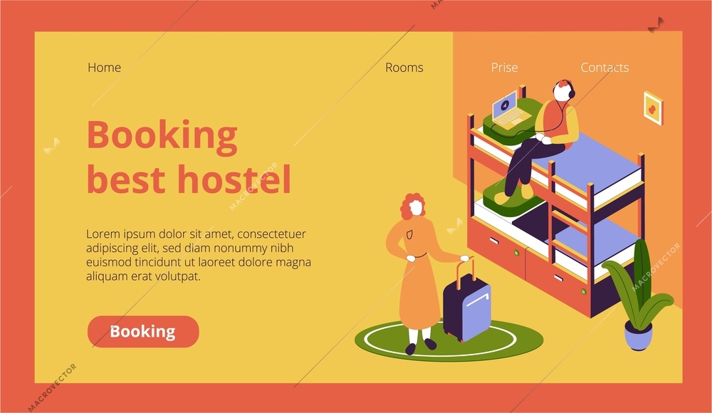 Isometric website page with hostel guests with luggage in dormitory 3d vector illustration