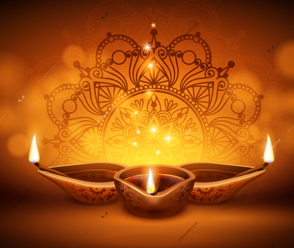 Diwali lanterns realistic composition with images of candles and blurred lights background with specks and drawings vector illustration
