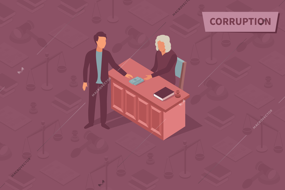 Corruption isometric design concept with corrupt judge taking bribe in the courtroom vector illustration