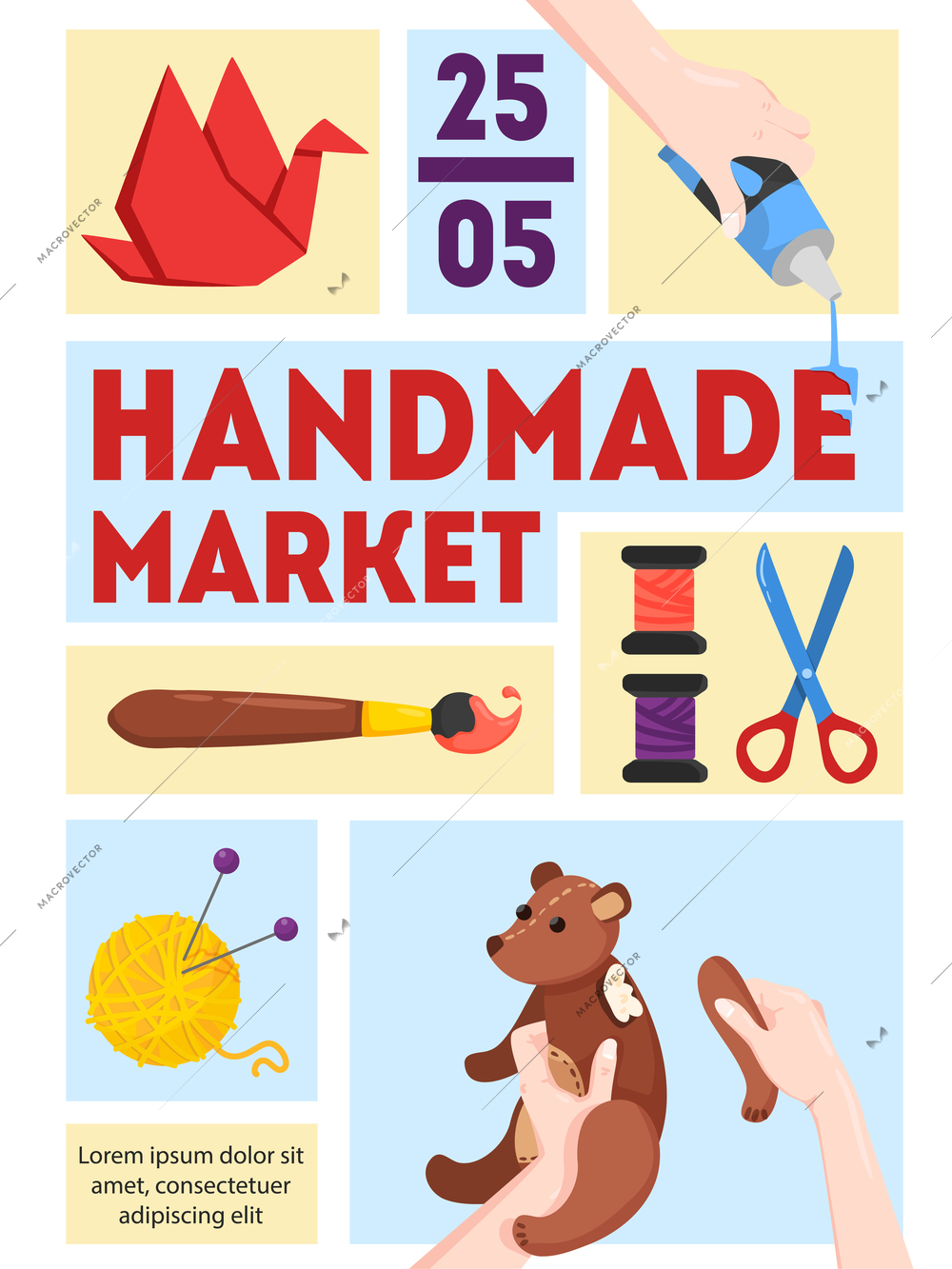 Handmade market announcement poster with date time paper piecing assembling toys painting knitting flat background vector illustration