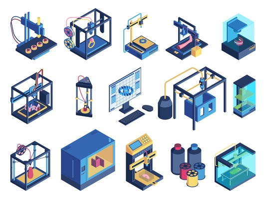 Isometric 3d printing color set of isolated images with computer controlled 3d printer in various states vector illustration