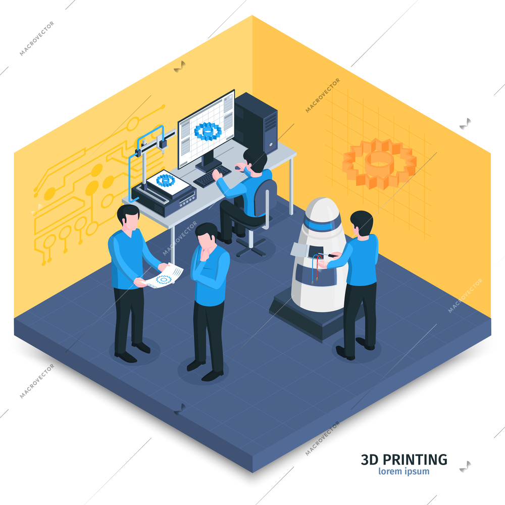 Isometric 3d printing composition with indoor view of room with modelling software and human controlled hardware vector illustration