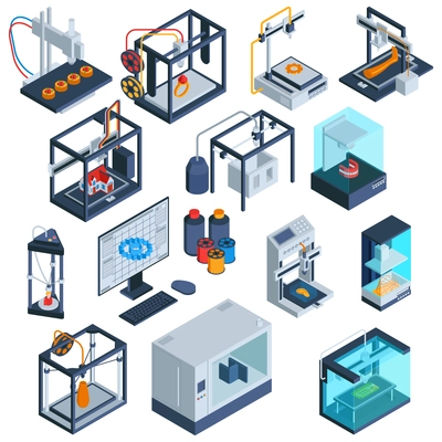 Isometric 3d printing set of isolated 3d printer images with computer modelling software and processed materials vector illustration