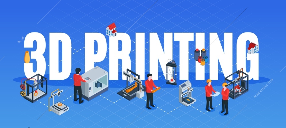 Isometric 3d printing composition with text surrounded by flowchart of human characters with hardware device elements vector illustration