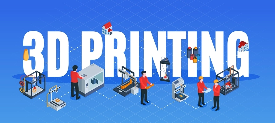 Isometric 3d printing composition with text surrounded by flowchart of human characters with hardware device elements vector illustration