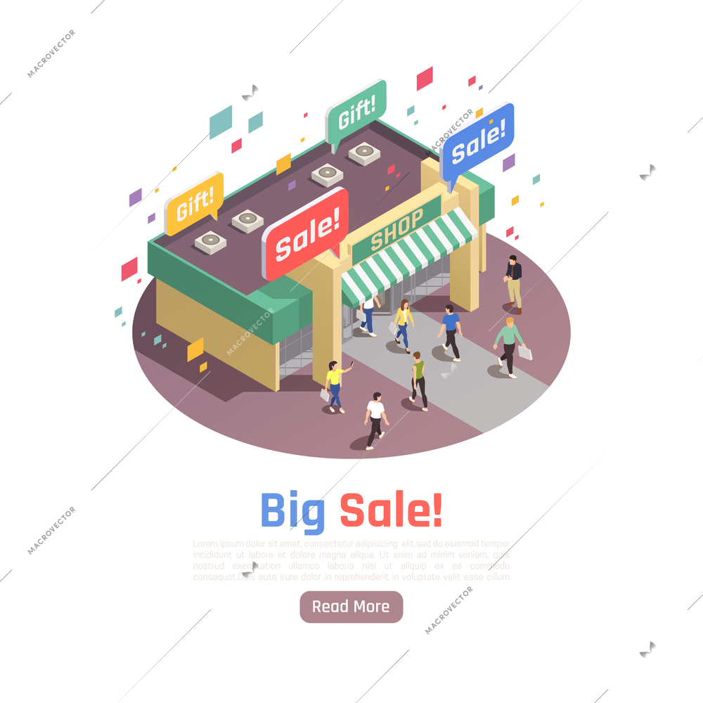 Customer loyalty retention isometric composition with round image of shop building with sale signs and people vector illustration