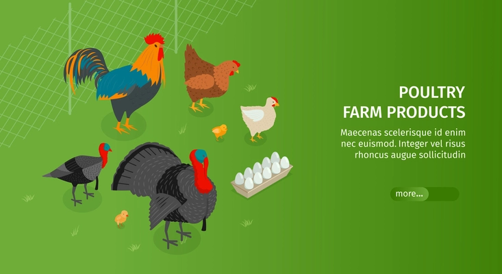 Isometric poultry farm horizontal banner with images of animals editable text and slider button more information vector illustration