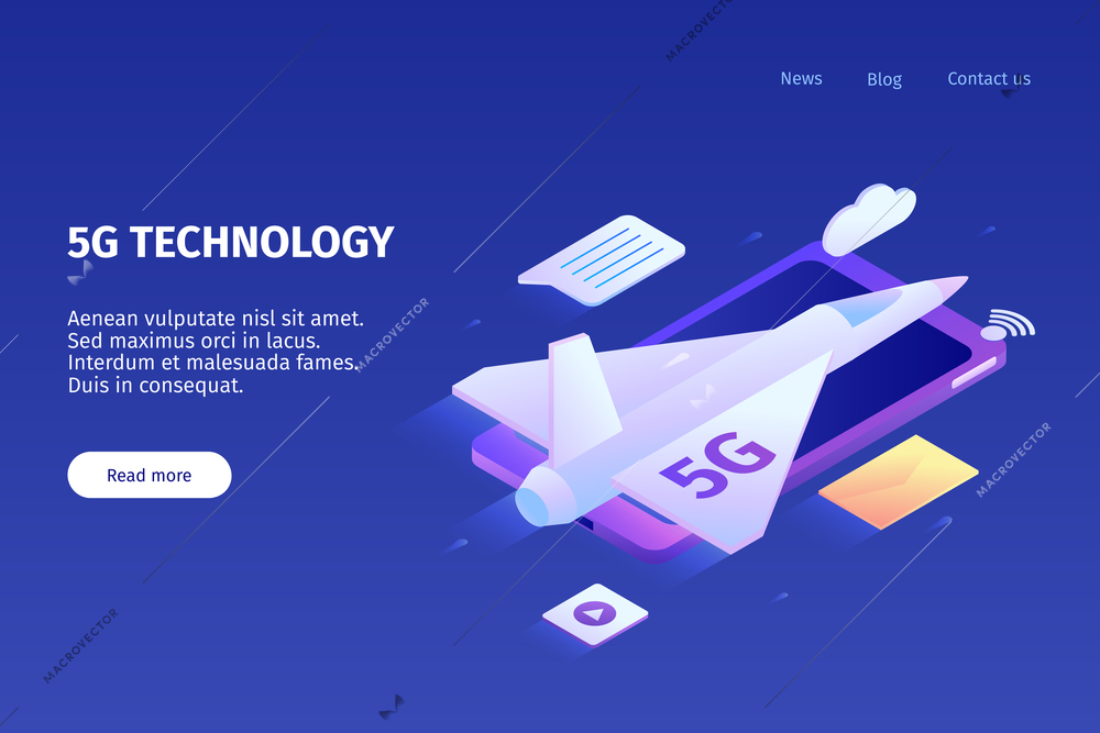 Isometric 5g internet horizontal banner with color images of smartphone airplane and clickable links with text vector illustration