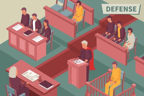 Defense isometric background with lawyer speaking from podium before judge in courtroom isometric vector illustration