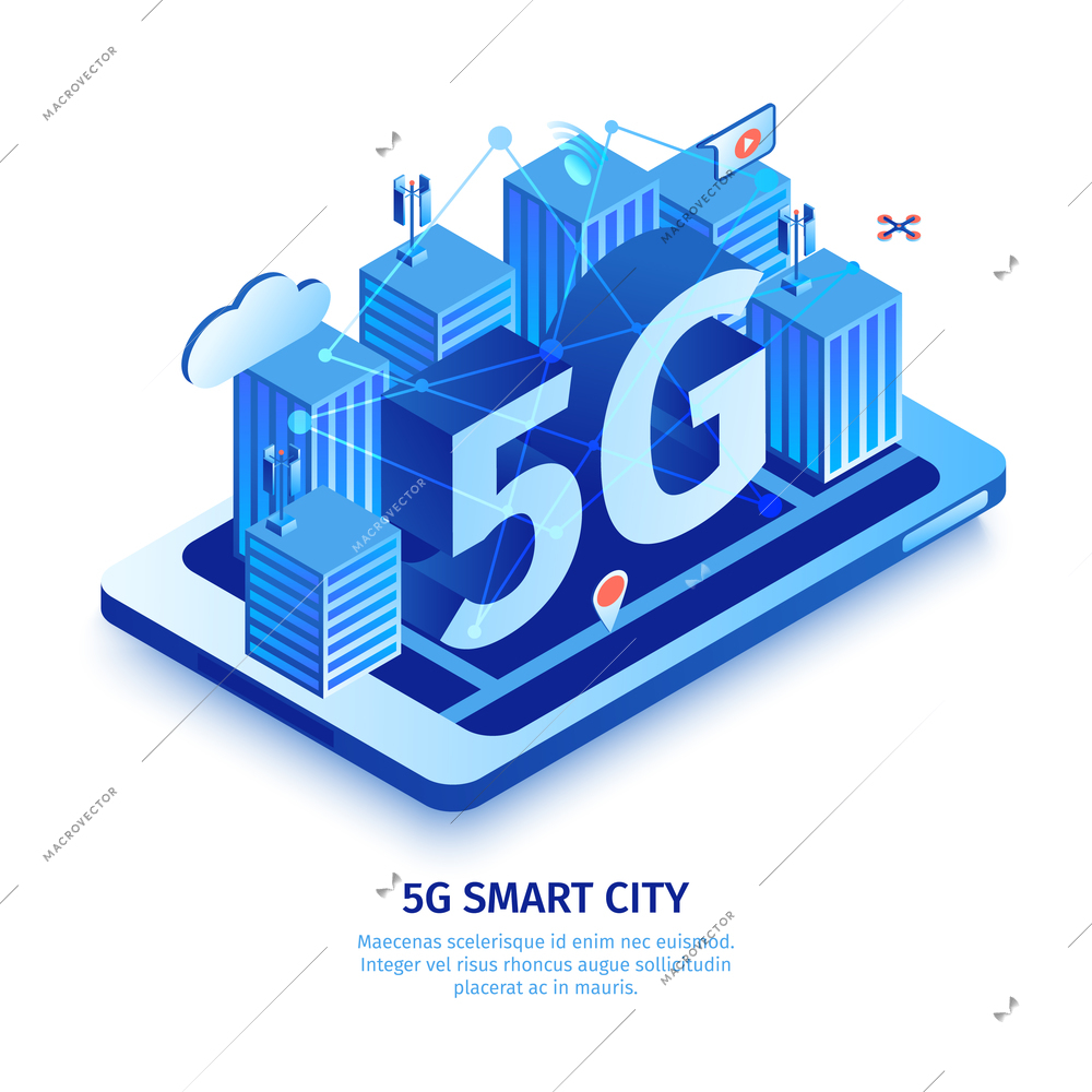 Isometric 5g internet composition with editable description and smartphone with building blocks pictograms and 3d text vector illustration