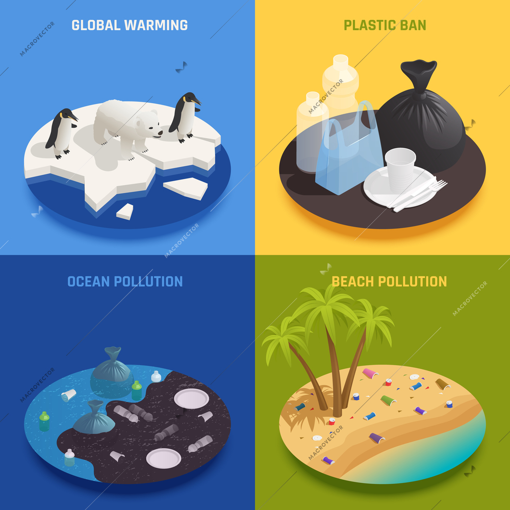 Ocean pollution isometric 2x2 design concept with text and round images representing different kinds of pollution vector illustration