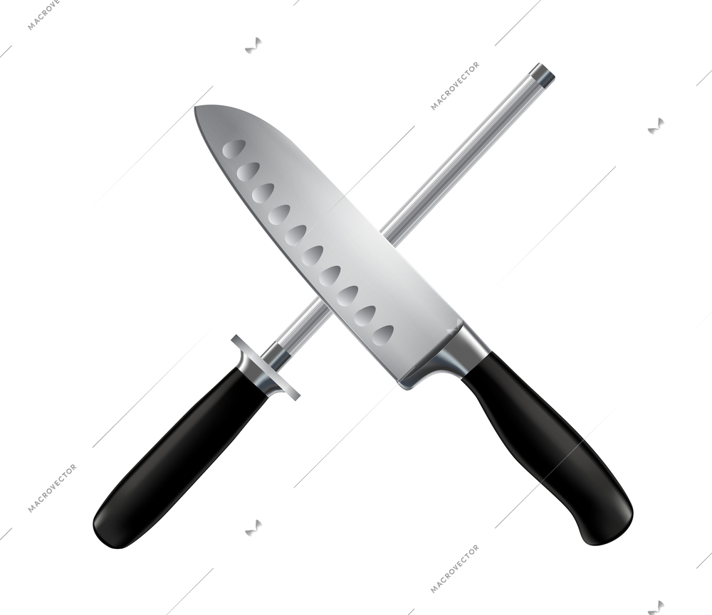 Butcher knife and sharpening chef steel stainless with black handles crossed close up realistic image vector illustration