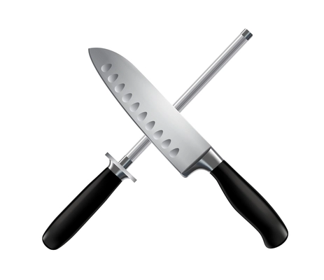 Butcher knife and sharpening chef steel stainless with black handles crossed close up realistic image vector illustration