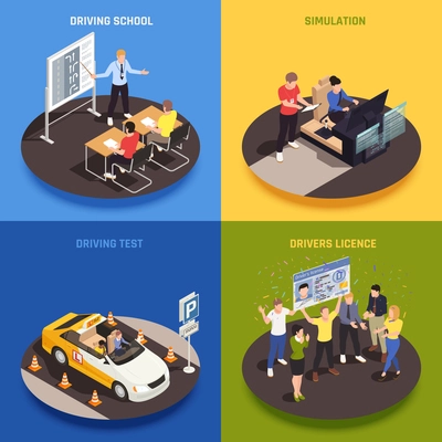 Driving school isometric 2x2 design concept with characters of students instructors training vehicle and classroom appliances vector illustration