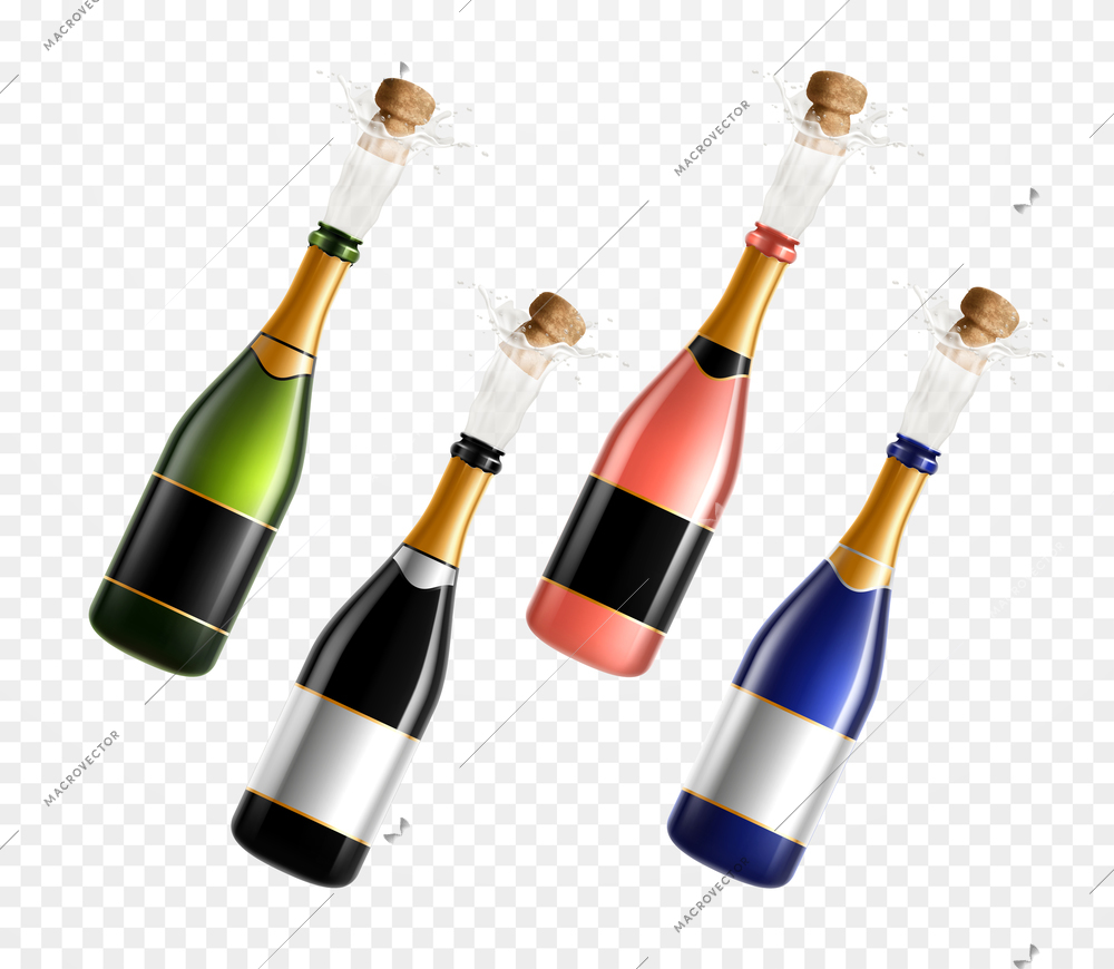 Champagne bottles realistic set of isolated color glass images with popping cork plugs on transparent background vector illustration