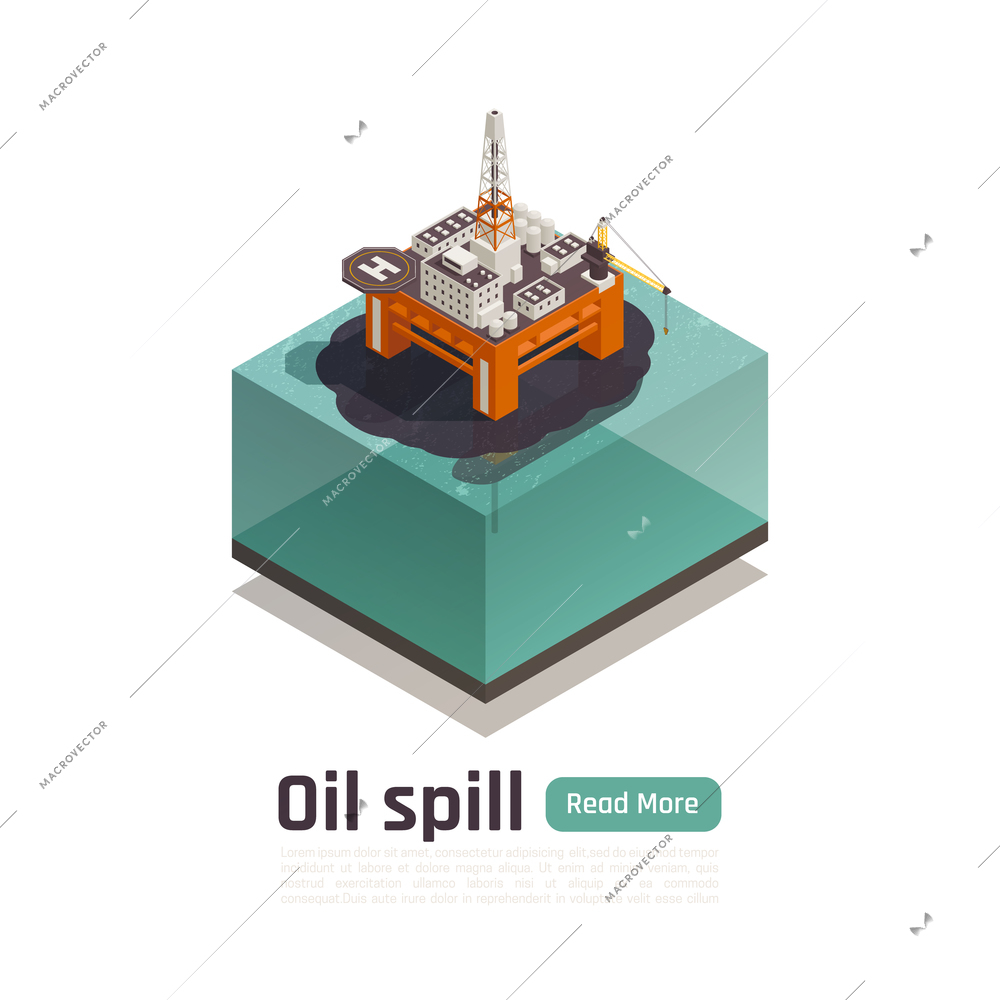 Ocean pollution isometric composition with editable text and images of offshore platform spilling oil into water vector illustration