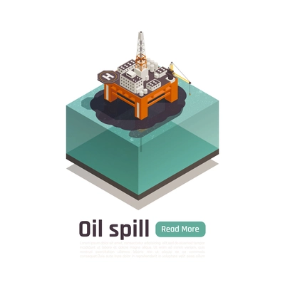 Ocean pollution isometric composition with editable text and images of offshore platform spilling oil into water vector illustration