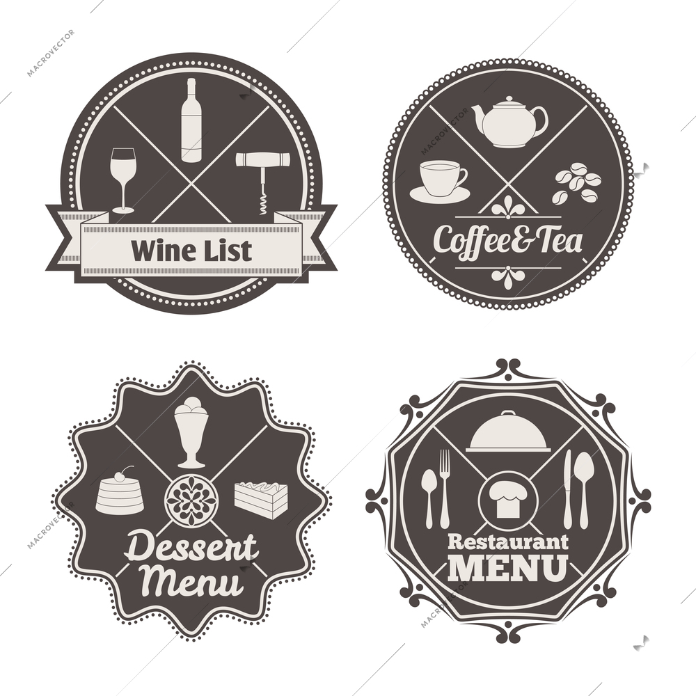 Restaurant menu coffee and tea wine list labels set isolated vector illustration
