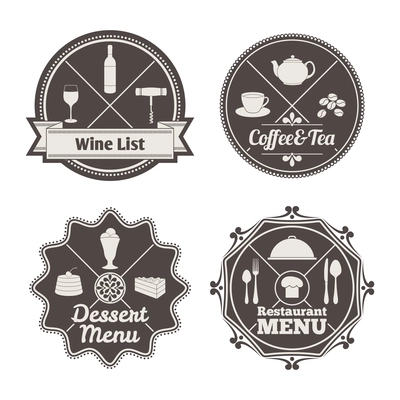 Restaurant menu coffee and tea wine list labels set isolated vector illustration