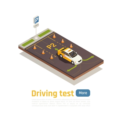 Driving school isometric composition with training car green arrows cones and editable text with more button vector illustration