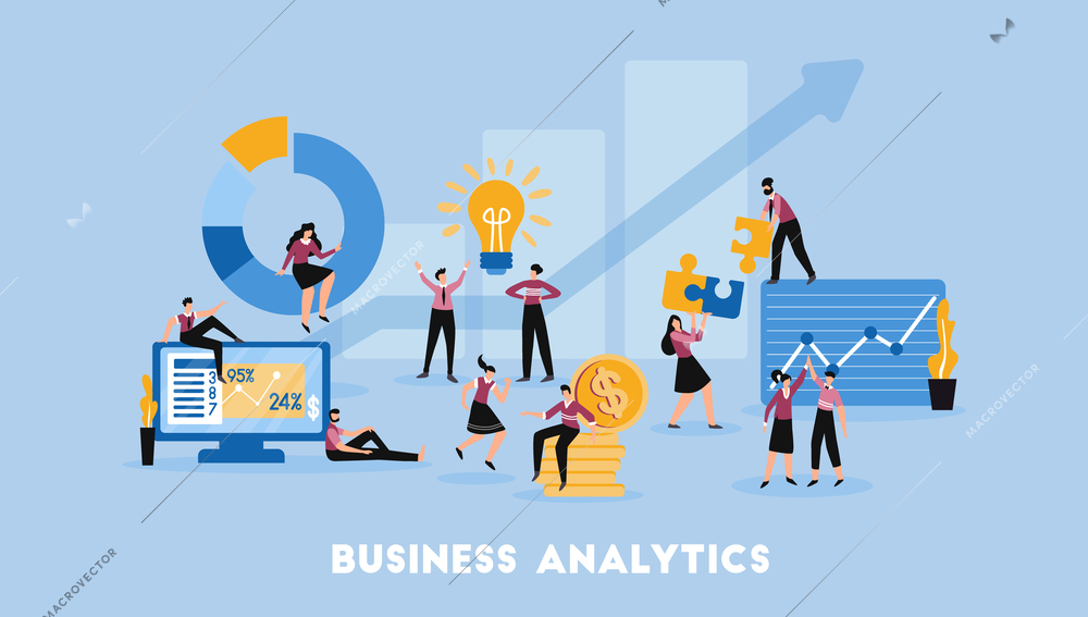 Business partnership cooperation analytics solutions profitable decision management growth chart flat symbols composition blue background vector illustration