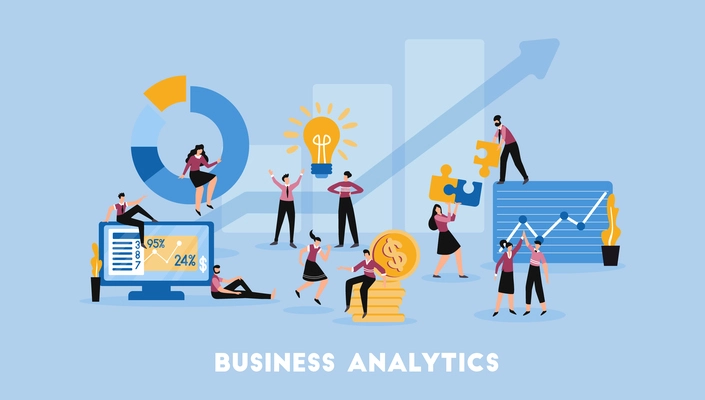 Business partnership cooperation analytics solutions profitable decision management growth chart flat symbols composition blue background vector illustration