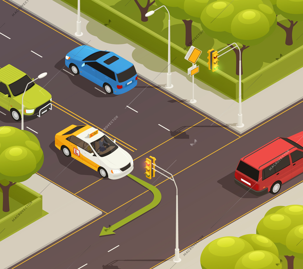 Driving school isometric composition with outdoor scenery of urban road intersection with training car and arrow vector illustration