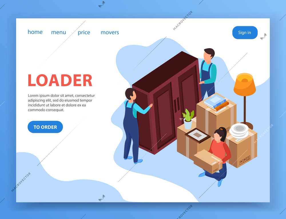 Relocation service page design with loader symbols isometric vector illustration