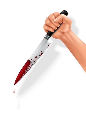 Hand holding bloody butchers knife for cutting meat stainless steel black handle closeup realistic image vector illustration