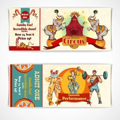 Two vintage circus incredible clown show entrance tickets templates with strongman barbells set isolated vector illustration