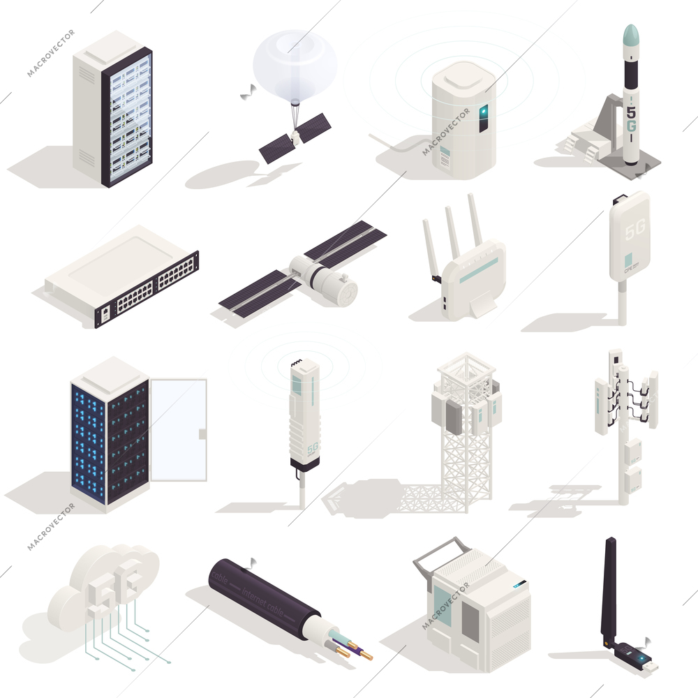 Modern internet 5g communication technology isometric set with sixteen isolated icons of network electronics with shadows vector illustration