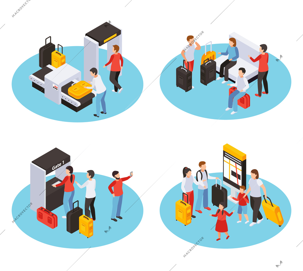 Traveling people concept icons set with aiport symbols isometric isolated vector illustartion