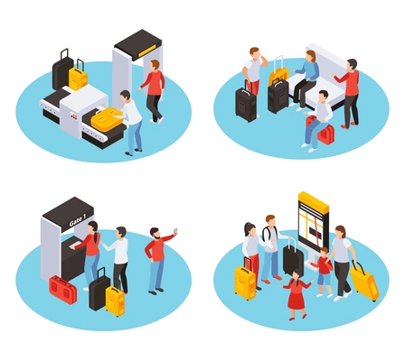 Traveling people concept icons set with aiport symbols isometric isolated vector illustartion