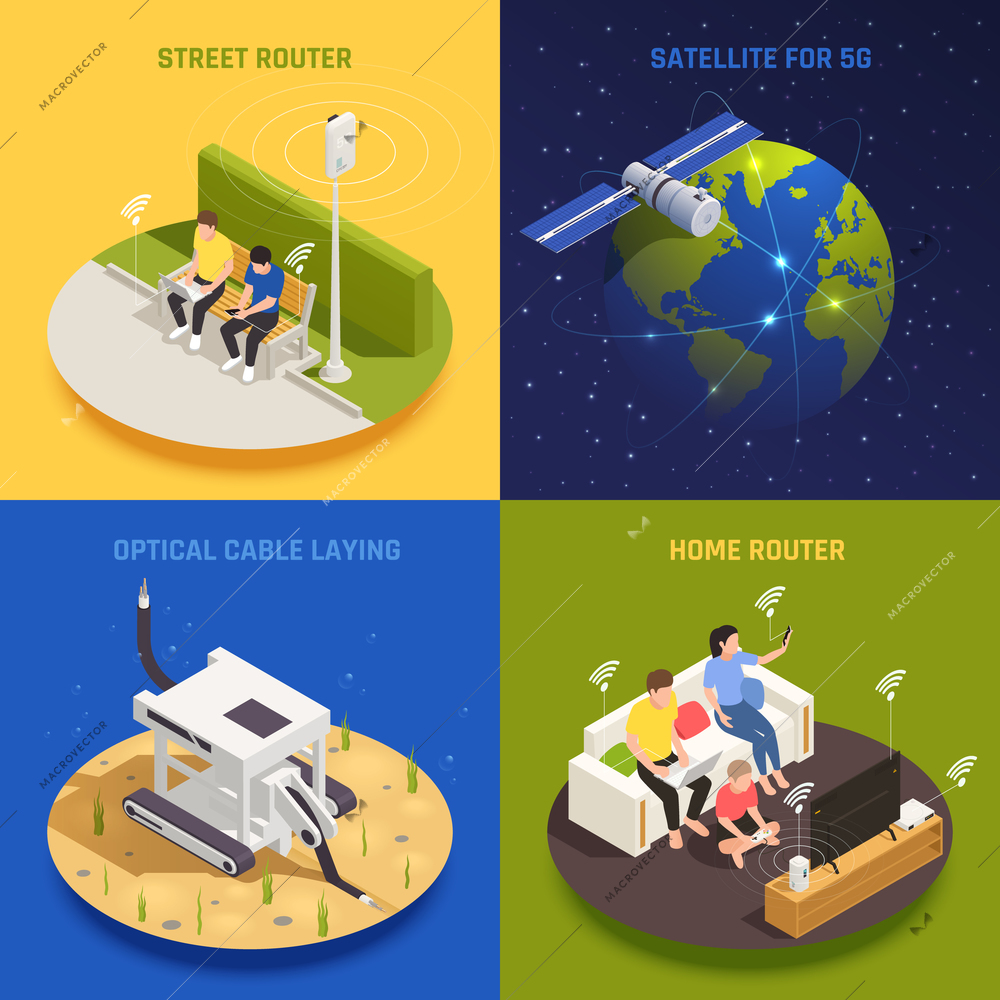 Modern internet 5g communication technology isometric 2x2 design concept with conceptual images of people and infrastructure vector illustration