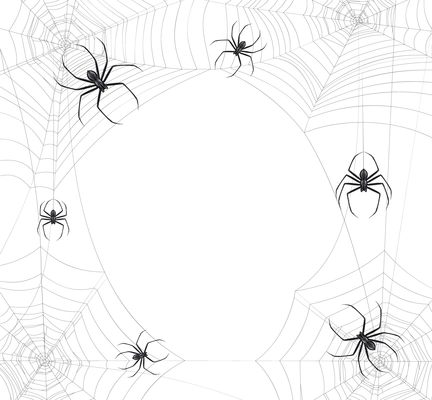 Black spiders web realistic background with round composition of insects sitting on spidernet with empty space vector illustration