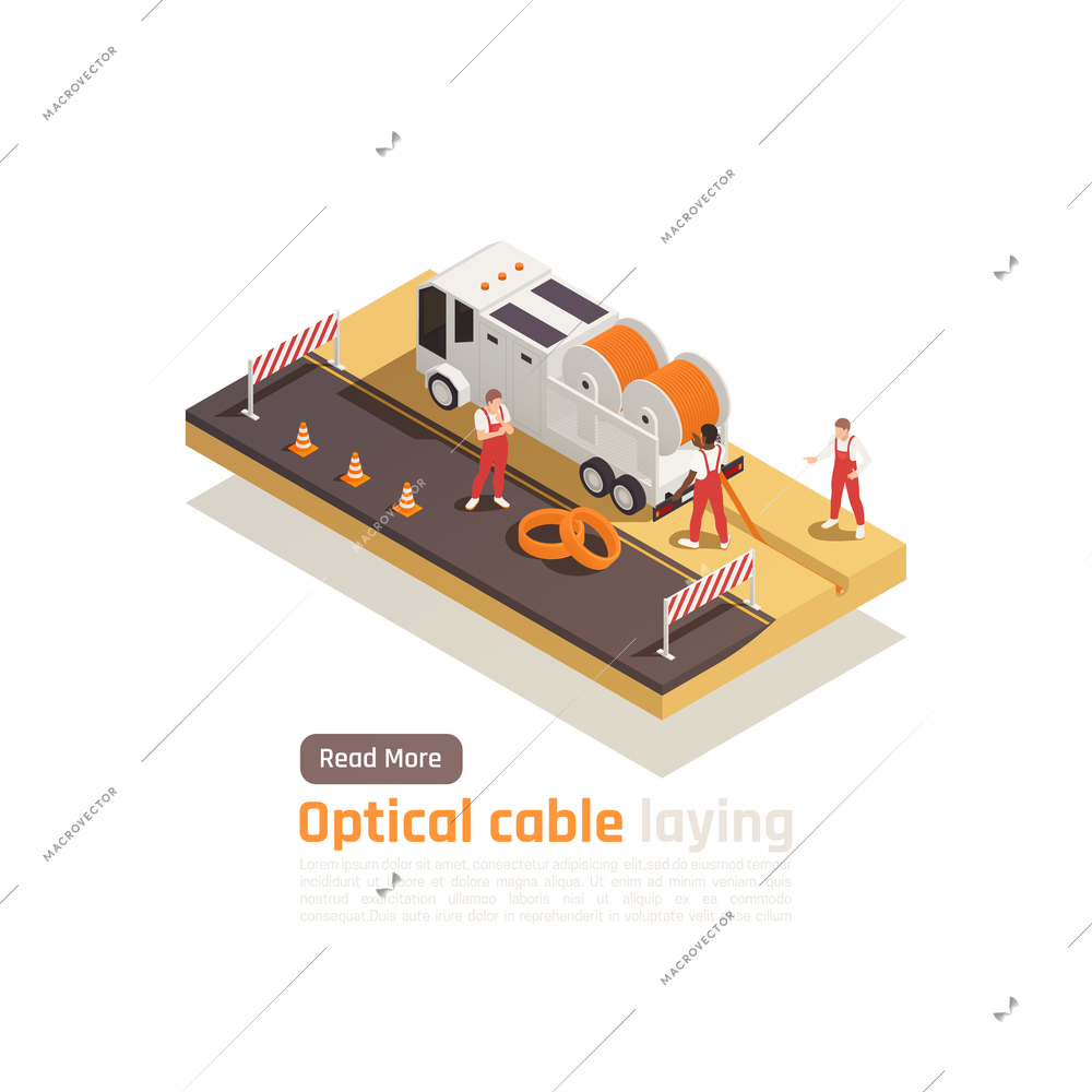 Modern internet 5g communication technology isometric composition with clickable button text and images of benders crew vector illustration