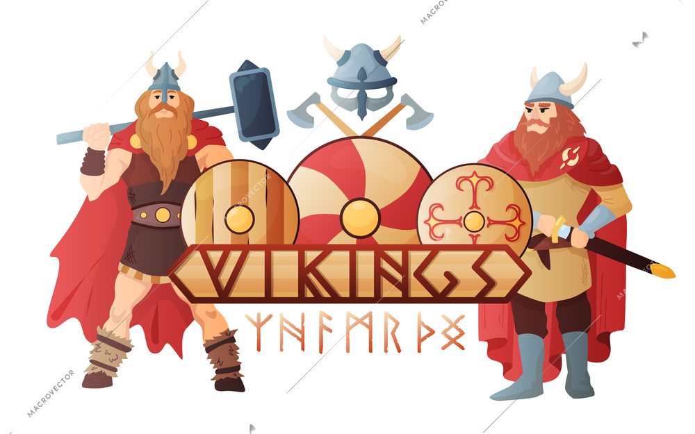 Vikings stylish lettering board with  legendary scandinavian warriors in traditional clothing flat composition title header vector illustration