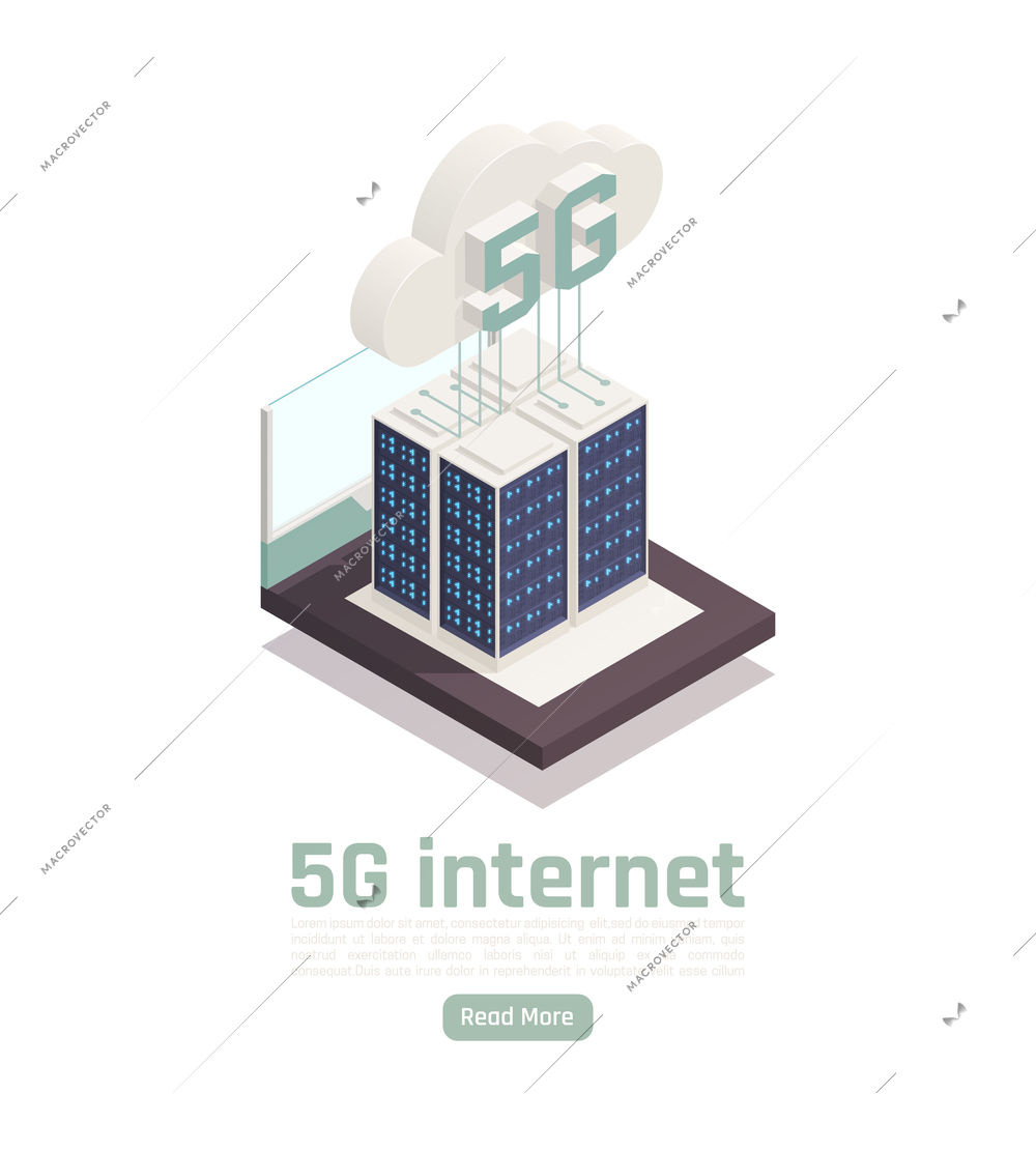 Modern internet 5g communication technology isometric composition with editable text clickable button and conceptual tech images vector illustration