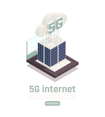 Modern internet 5g communication technology isometric composition with editable text clickable button and conceptual tech images vector illustration