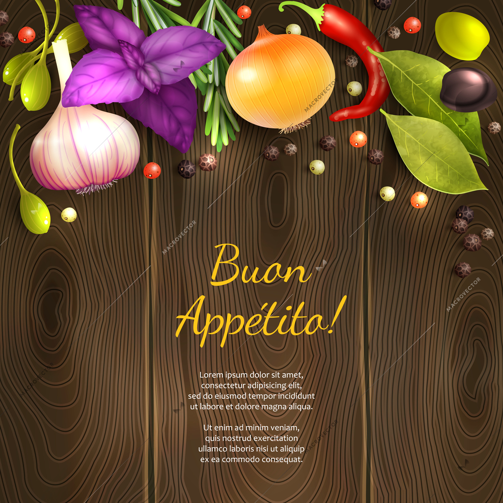 Herbs and spices on dark wooden background with Enjoy your meal title vector illustration