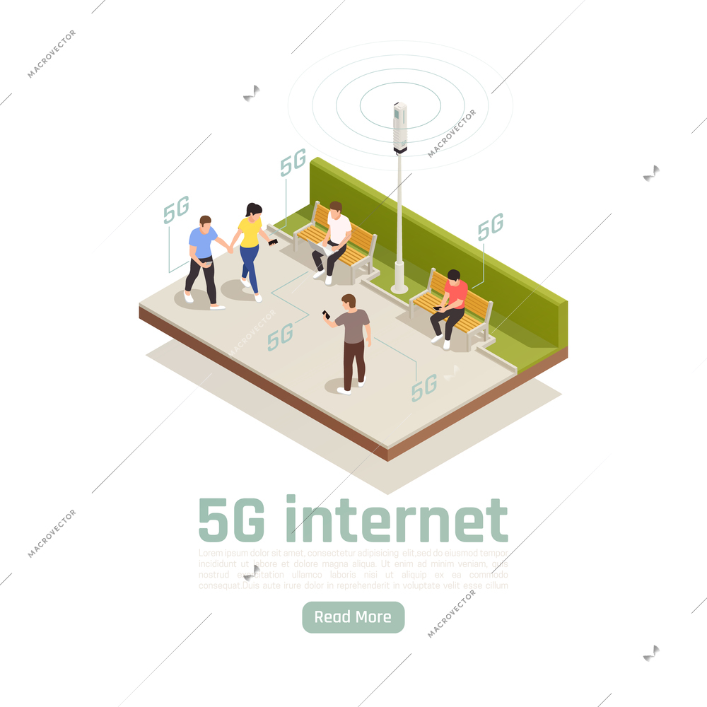 Modern internet 5g communication technology isometric composition with outdoor view of people using fast web connection vector illustration