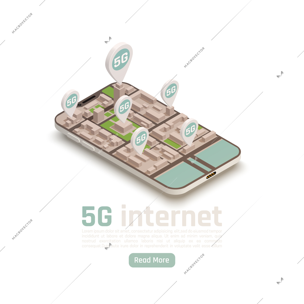 Modern internet 5g communication technology isometric composition with read more button editable text and location signs vector illustration