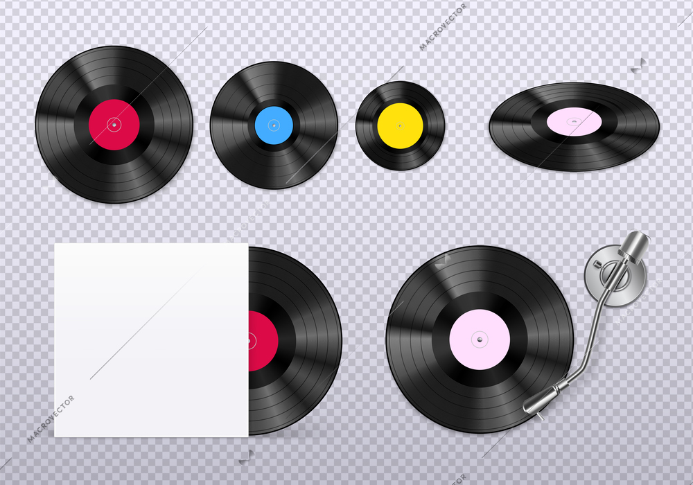 Retro vinyl discs records set with stylus needle against transparent background realistic top view image vector illustration