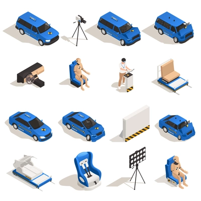 Crash test car safety isometric set with isolated images of damaged cars dummies seats with shadows vector illustration