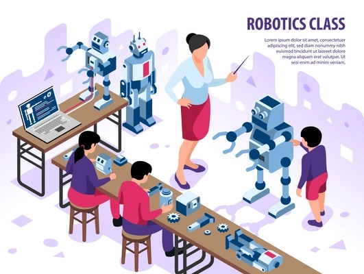 Isometric robotics kids education horizontal background composition with editable text and classroom workshop children and teacher vector illustration