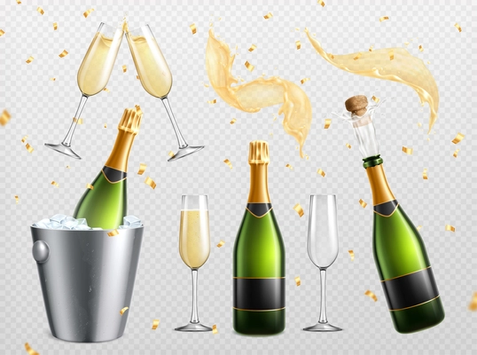 Champagne realistic transparent set with isolated splashes drops and drinking glasses with bottles in ice bucket vector illustration