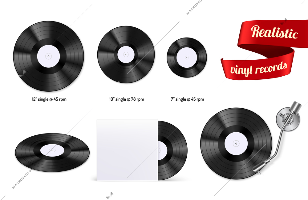 Retro vinyl discs records set different sizes singles with stylus needle realistic top view image vector illustration