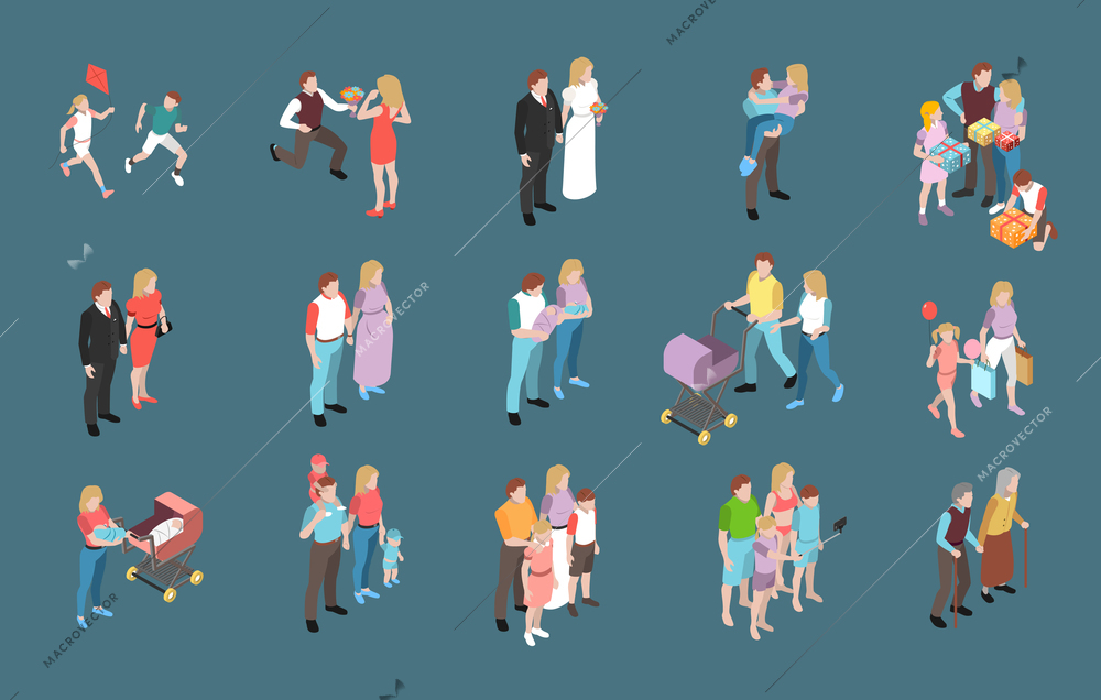 Family 3d isometric icons set with parents grandparents children teenagers adults isolated vector illustration